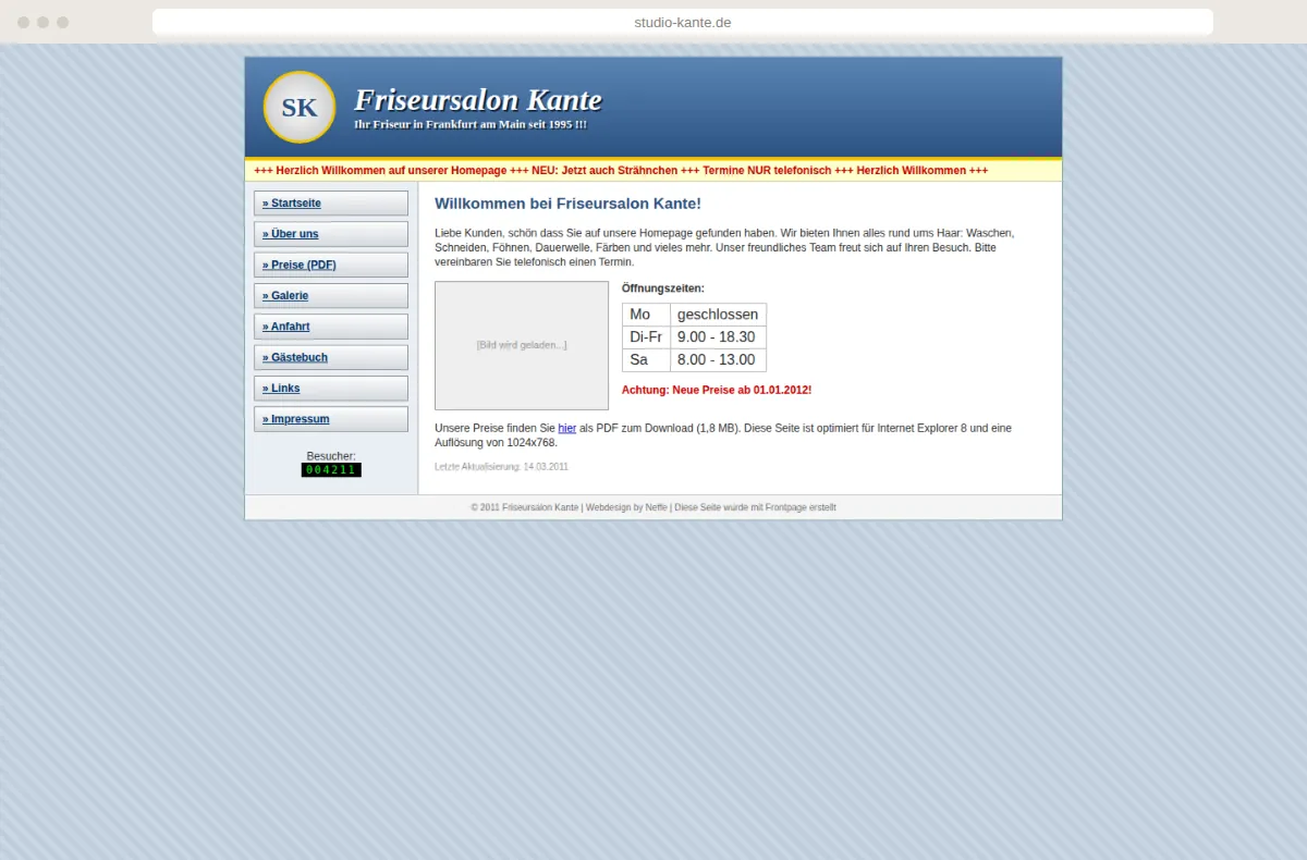 Veraltete Friseur-Website mit Besucherzähler, Lauftext und PDF-Preisliste