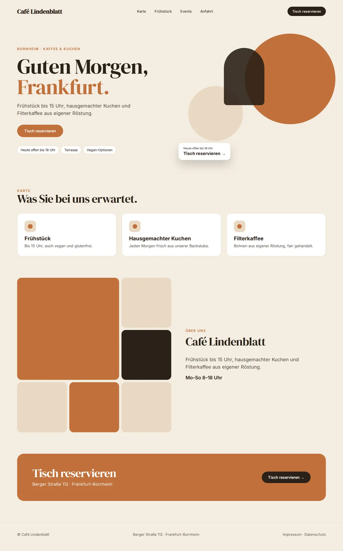 Komplette Beispiel-Website für Cafés auf dem Desktop: Café Lindenblatt