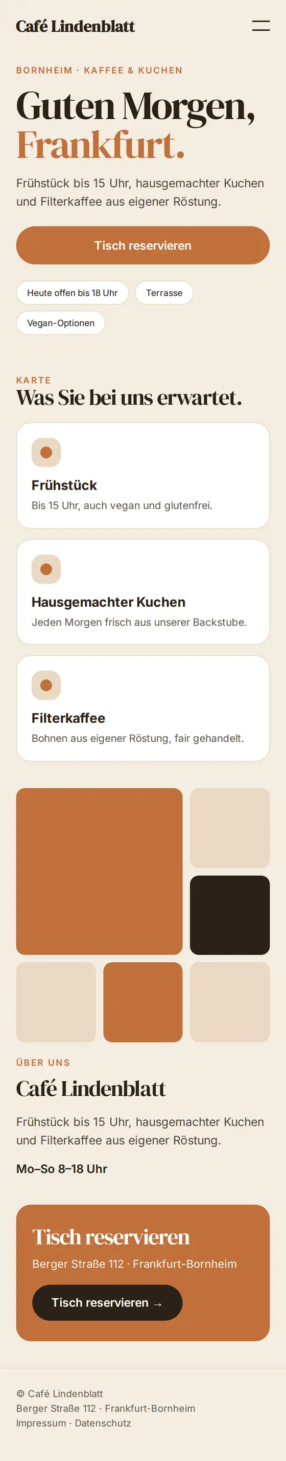 Mobile Ansicht der Beispiel-Website für Cafés