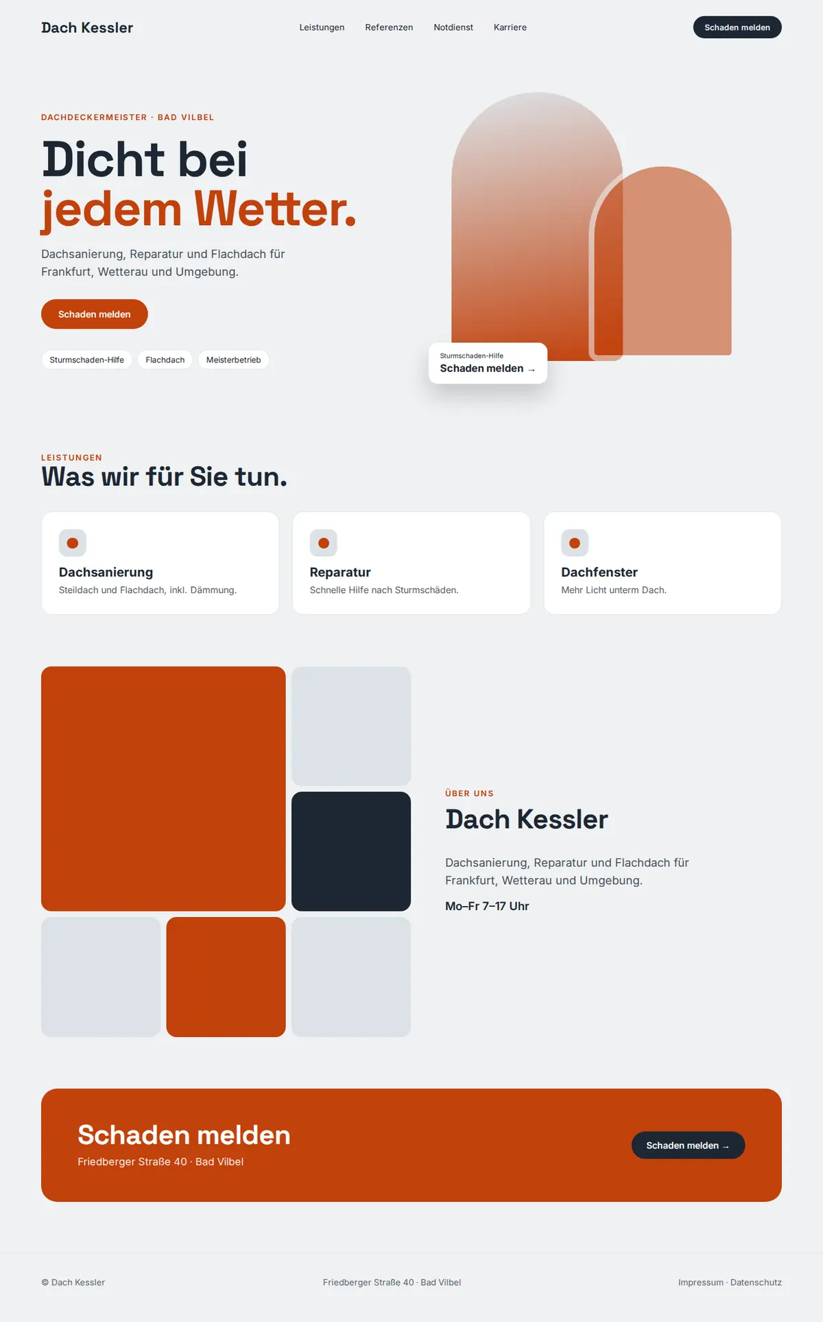 Komplette Beispiel-Website für Dachdeckerbetriebe auf dem Desktop: Dach Kessler