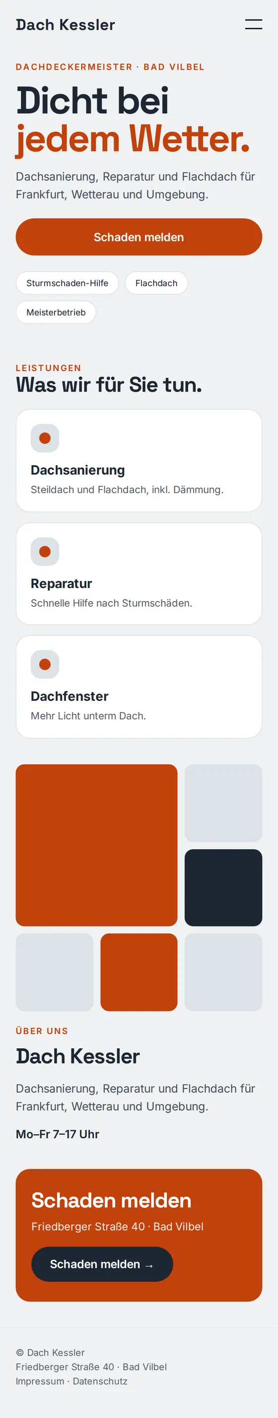 Mobile Ansicht der Beispiel-Website für Dachdeckerbetriebe