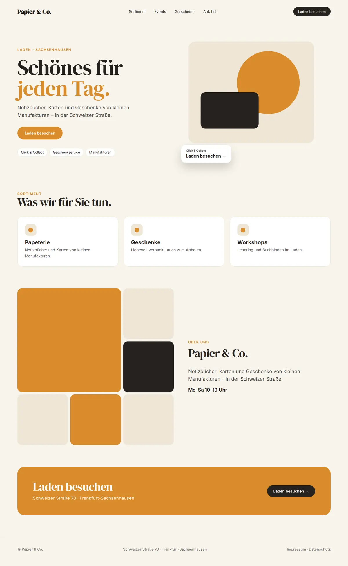 Komplette Beispiel-Website für Läden und Einzelhändler auf dem Desktop: Papier & Co.