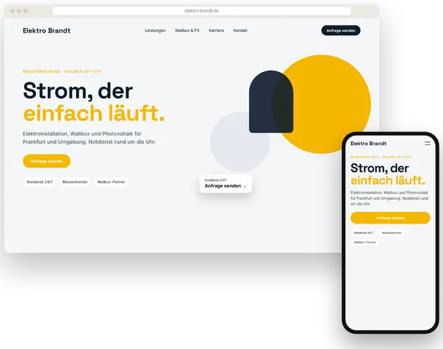 Beispiel-Website für einen Elektrobetrieb mit Anfrageformular und Notdienst-Nummer
