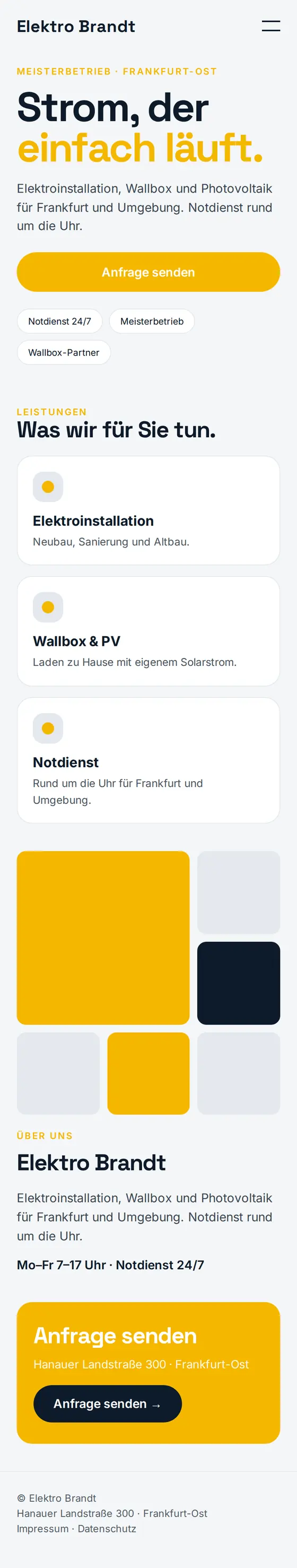 Mobile Ansicht der Beispiel-Website für Elektrobetriebe
