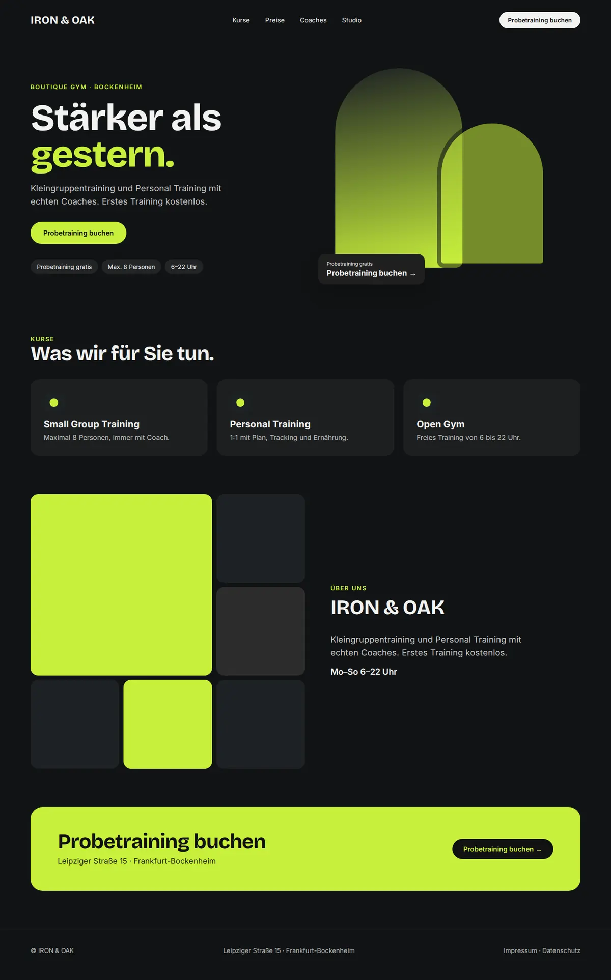 Komplette Beispiel-Website für Fitnessstudios und Personal Trainer auf dem Desktop: IRON & OAK