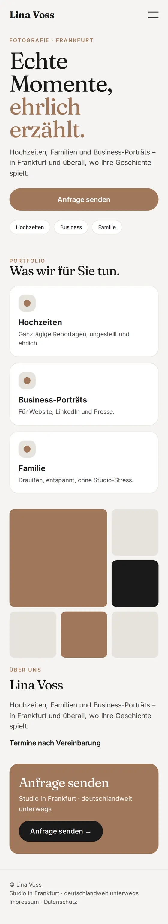 Mobile Ansicht der Beispiel-Website für Fotografinnen und Fotografen