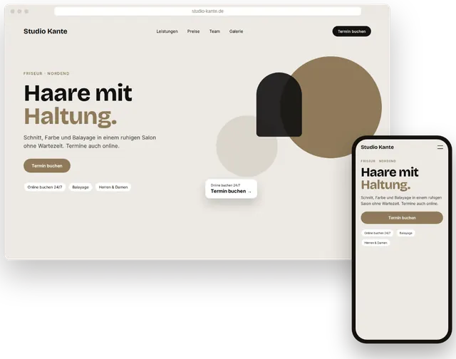 Beispiel-Website für einen Friseursalon mit Online-Terminbuchung auf Laptop und Smartphone