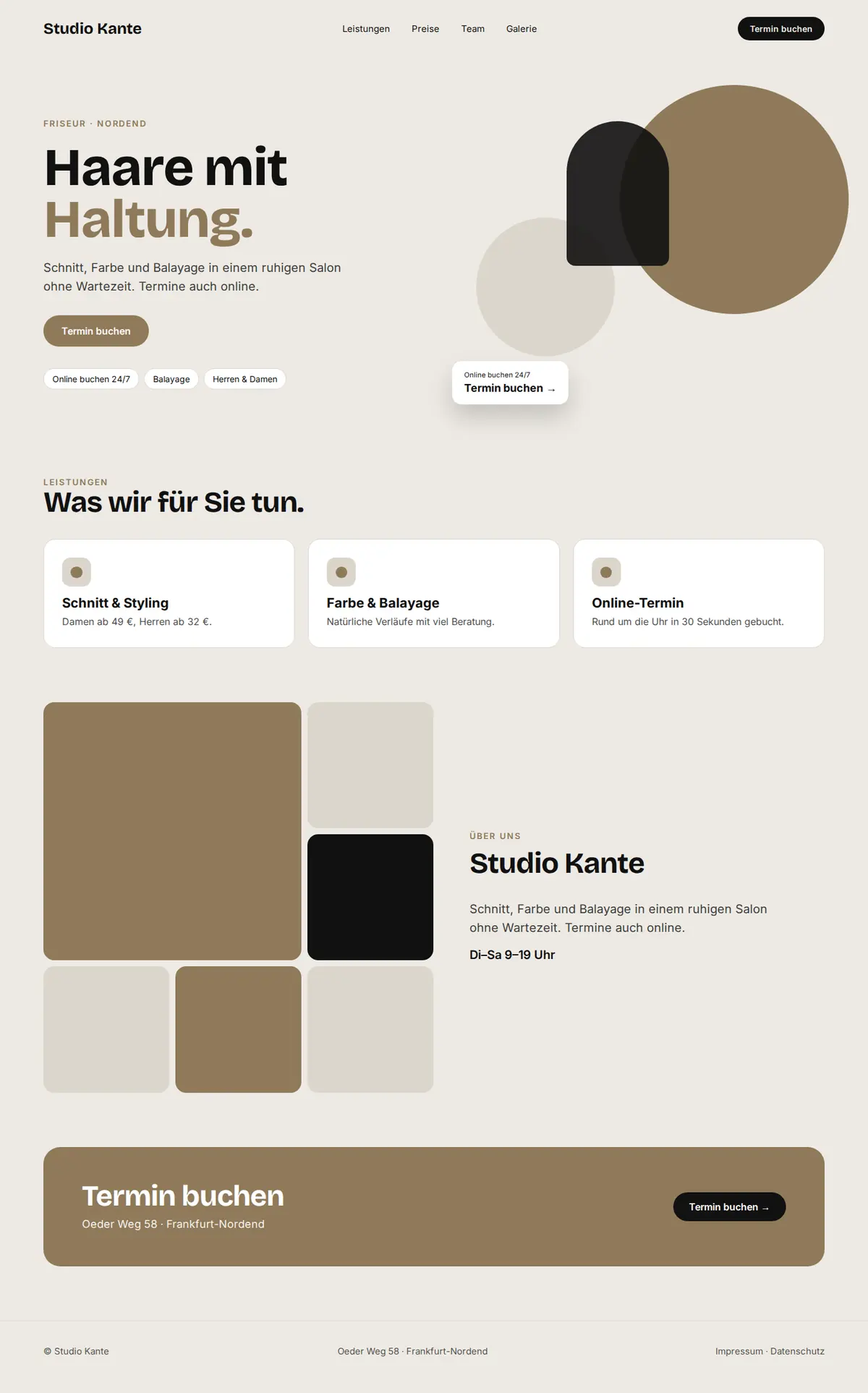 Komplette Beispiel-Website für Friseursalons auf dem Desktop: Studio Kante