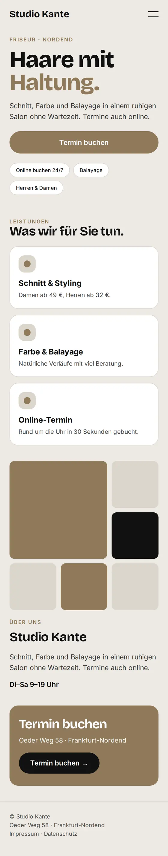 Mobile Ansicht der Beispiel-Website für Friseursalons