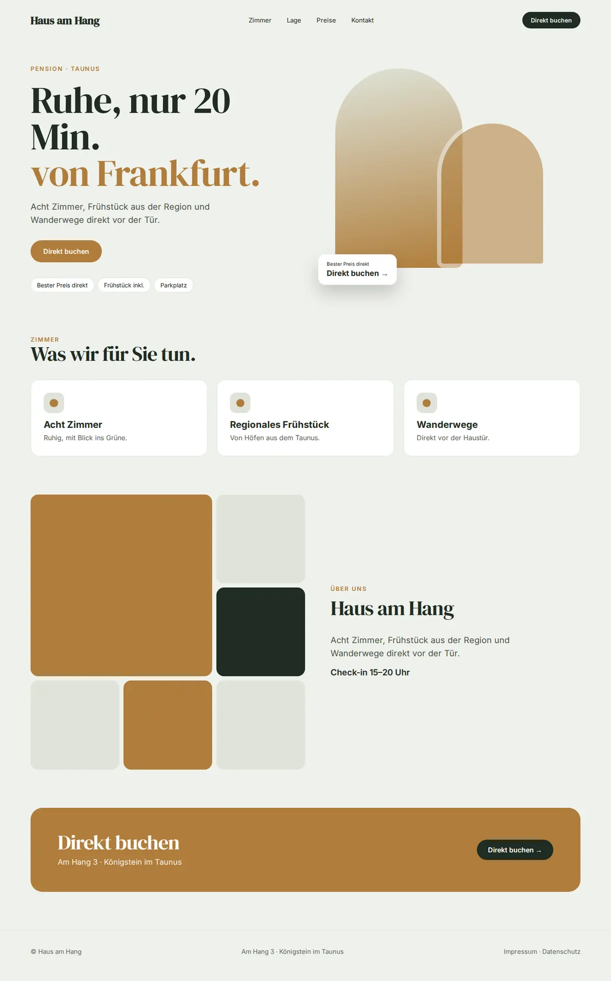 Komplette Beispiel-Website für Hotels, Pensionen und Ferienwohnungen auf dem Desktop: Haus am Hang