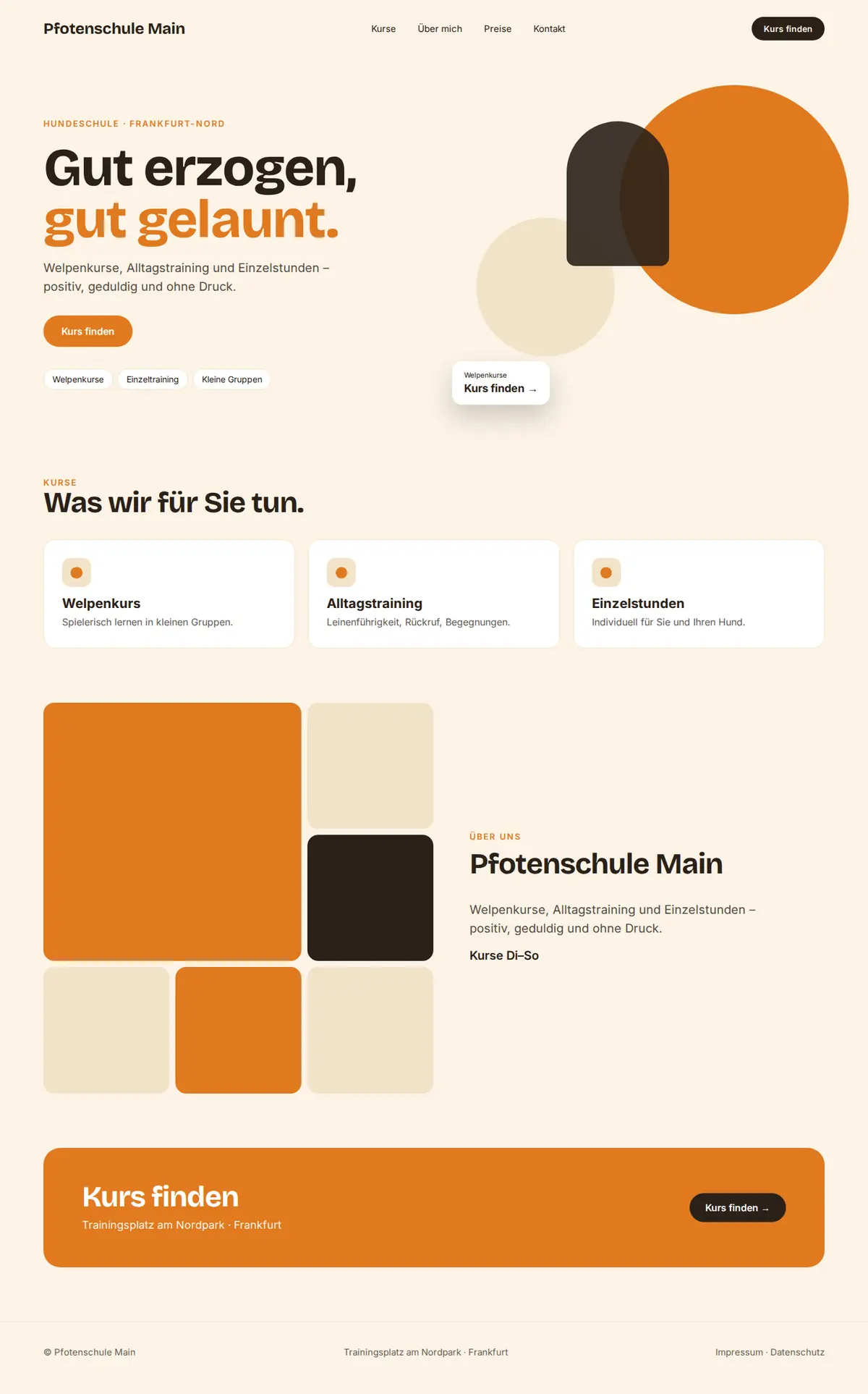 Komplette Beispiel-Website für Hundeschulen und Hundesalons auf dem Desktop: Pfotenschule Main