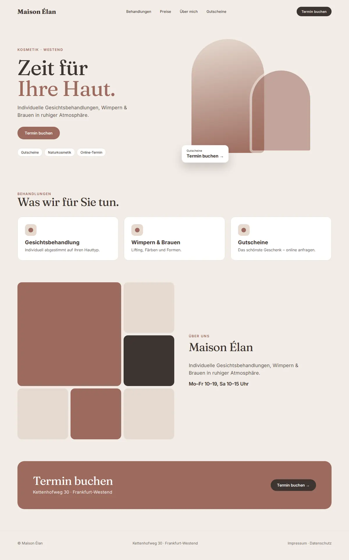 Komplette Beispiel-Website für Kosmetikstudios auf dem Desktop: Maison Élan