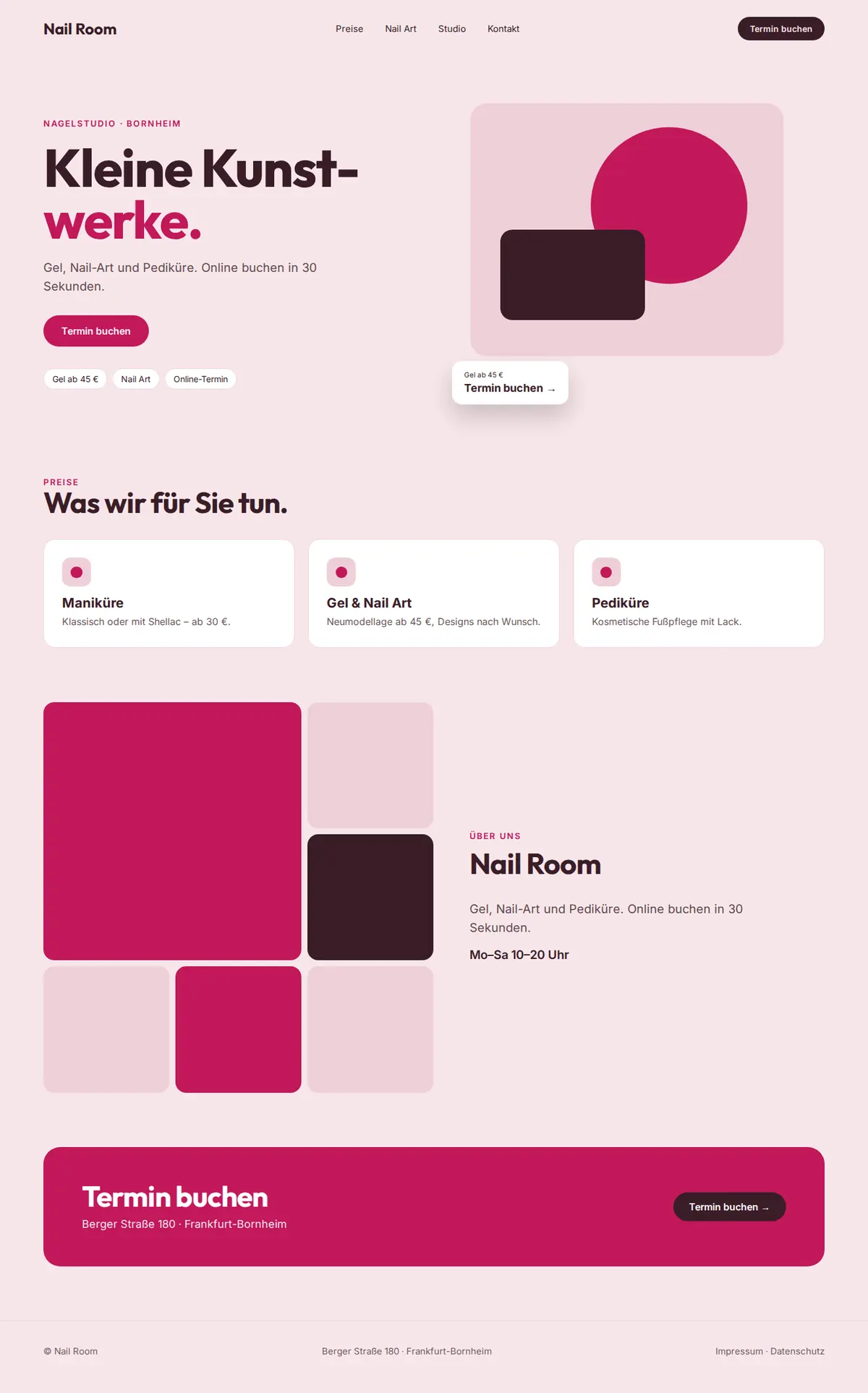 Komplette Beispiel-Website für Nagelstudios auf dem Desktop: Nail Room