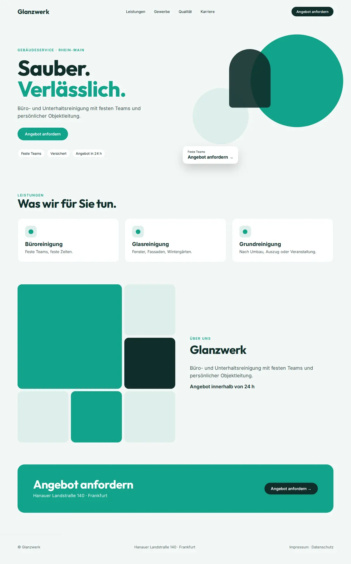 Komplette Beispiel-Website für Reinigungsfirmen auf dem Desktop: Glanzwerk