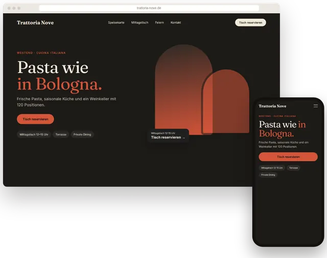 Beispiel-Website für ein Restaurant mit Online-Reservierung auf Laptop und Smartphone