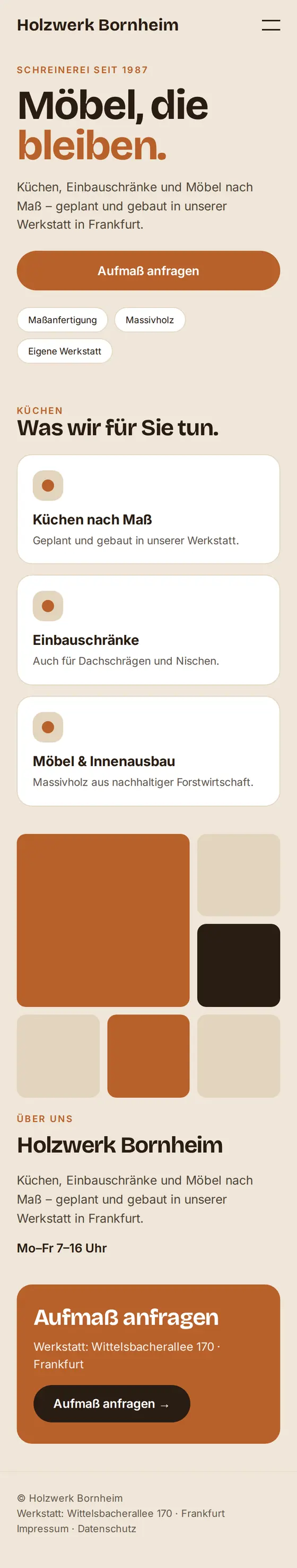 Mobile Ansicht der Beispiel-Website für Schreinereien und Tischlereien