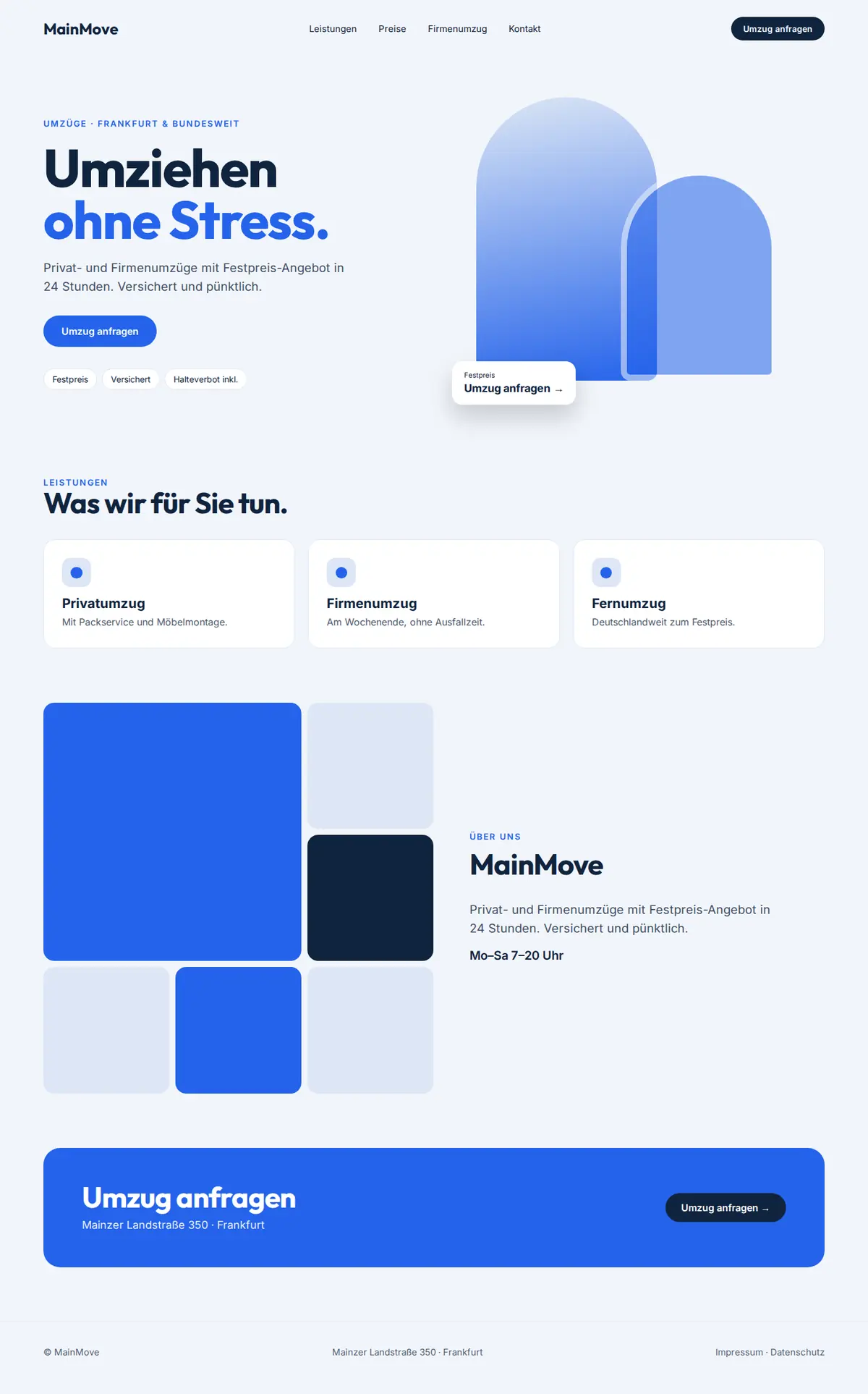 Komplette Beispiel-Website für Umzugsunternehmen auf dem Desktop: MainMove
