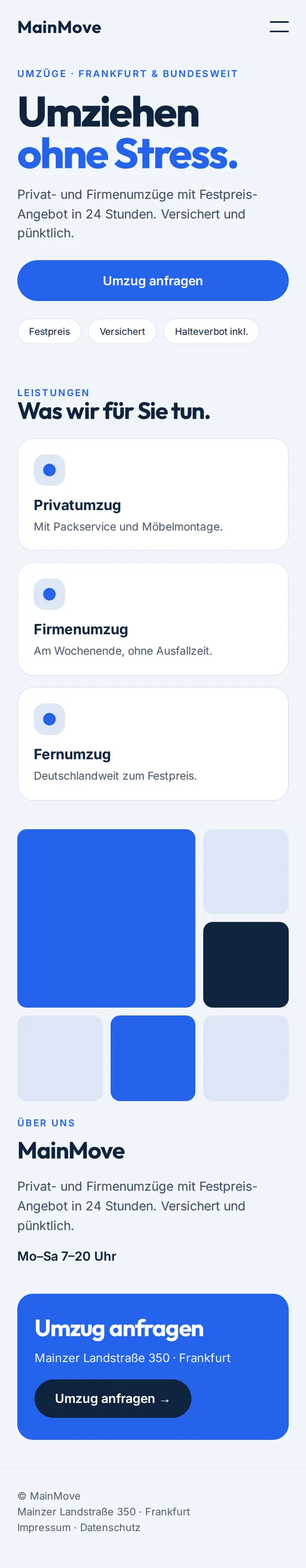 Mobile Ansicht der Beispiel-Website für Umzugsunternehmen