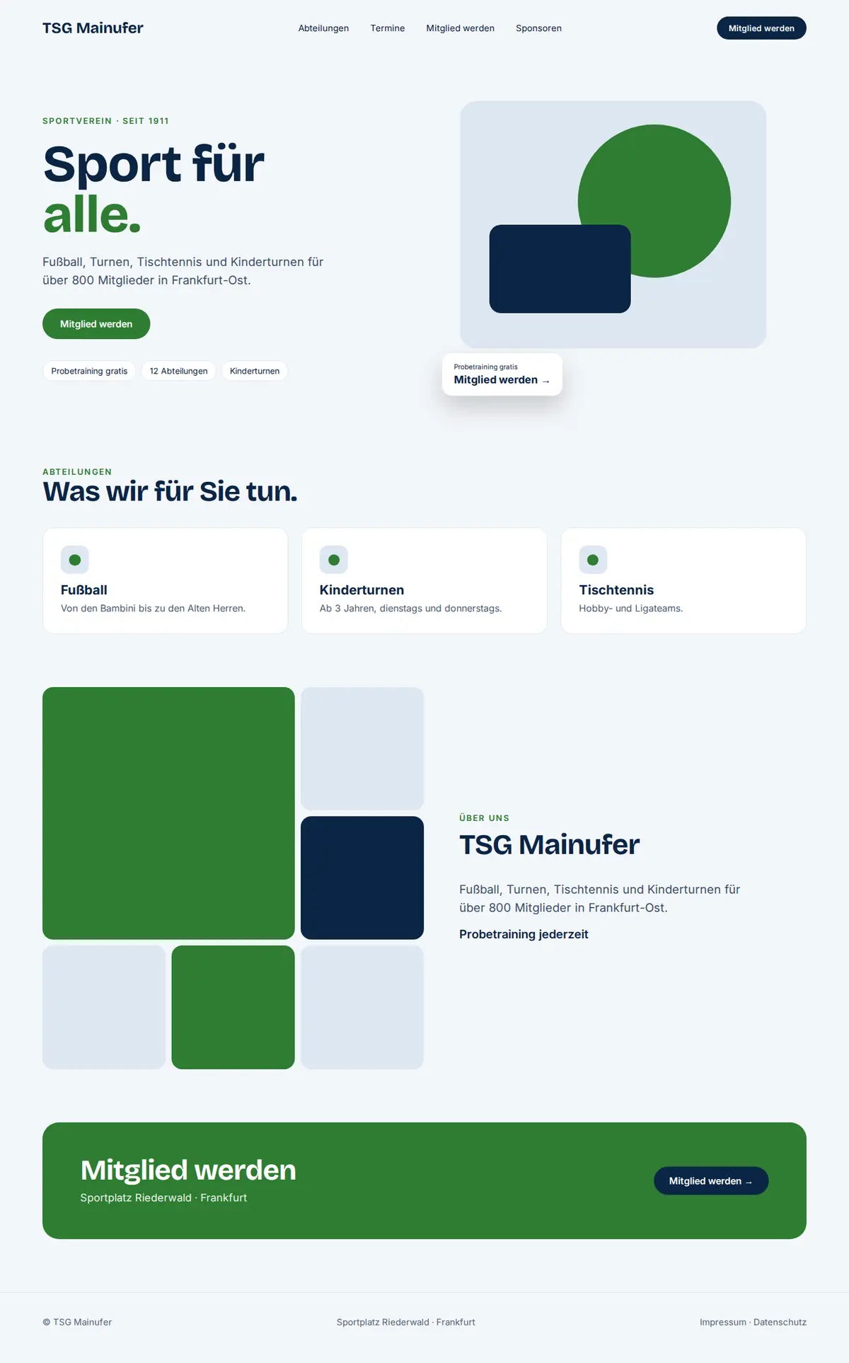 Komplette Beispiel-Website für Vereine auf dem Desktop: TSG Mainufer