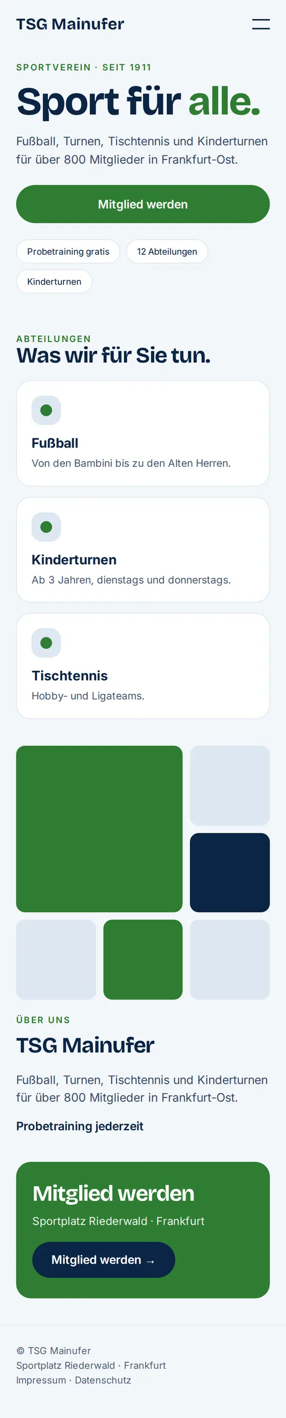 Mobile Ansicht der Beispiel-Website für Vereine