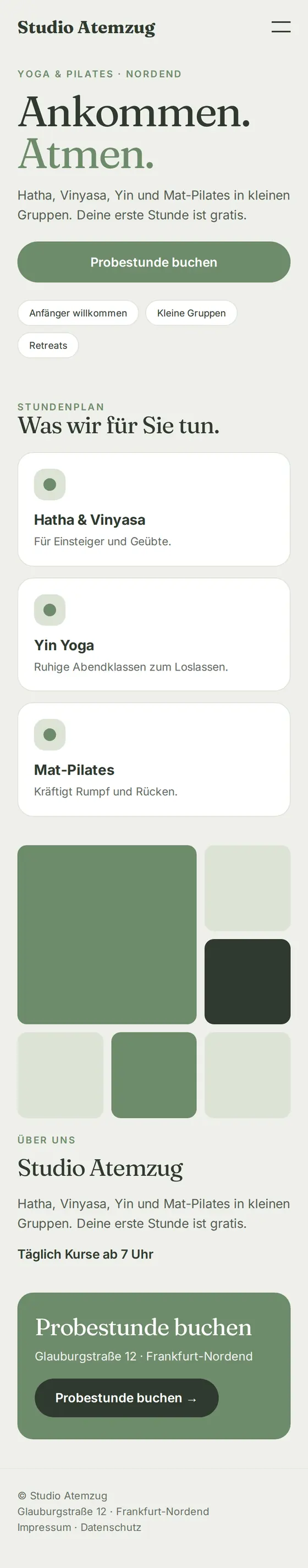 Mobile Ansicht der Beispiel-Website für Yoga- und Pilatesstudios