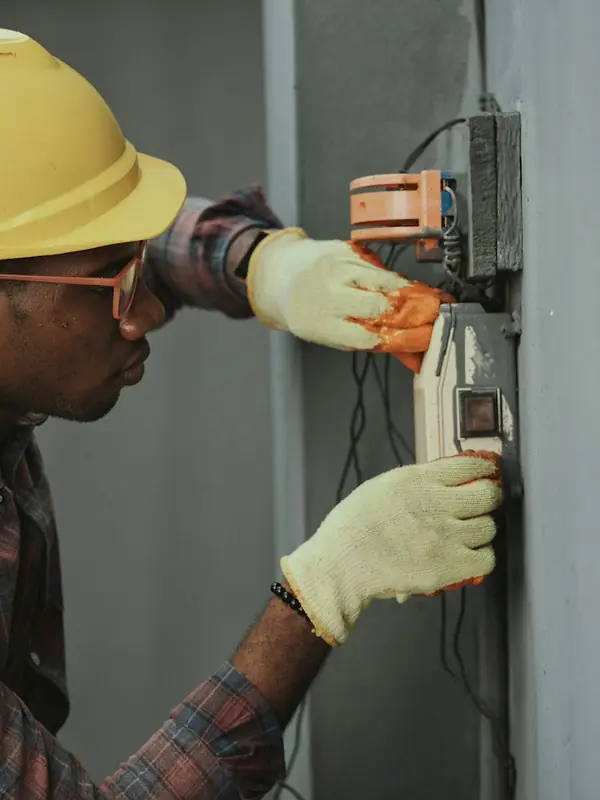 Elektriker mit Schutzhelm installiert eine Leitung